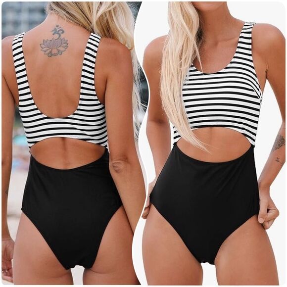 CUPSHE Black & White Striped One Piece Cutout Swimsuit - Picture 6 of 9